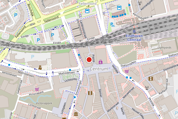 Brandweer-melding op Piazza, Eindhoven op 4 juni, kaart-overzicht